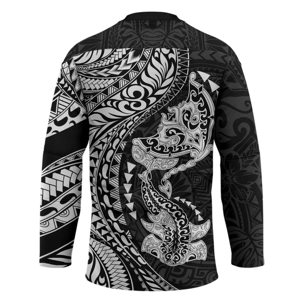 Hawaiian Manta Ray and Hammerhead Shark Tribal Tattoo Hockey Jersey with Polynesian Tribal Pattern Black-White Color
