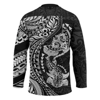 Hawaiian Manta Ray and Hammerhead Shark Tribal Tattoo Hockey Jersey with Polynesian Tribal Pattern Black-White Color