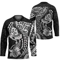 Hawaiian Manta Ray and Hammerhead Shark Tribal Tattoo Hockey Jersey with Polynesian Tribal Pattern Black-White Color
