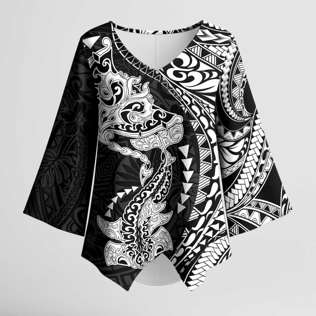 Hawaiian Manta Ray and Hammerhead Shark Tribal Tattoo Kimono Sleeve Blouse with Polynesian Tribal Pattern Black-White Color LT03 Female Multicolor - Polynesian Pride