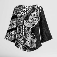Hawaiian Manta Ray and Hammerhead Shark Tribal Tattoo Kimono Sleeve Blouse with Polynesian Tribal Pattern Black-White Color