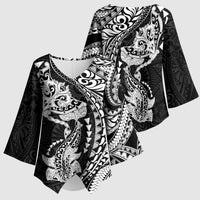 Hawaiian Manta Ray and Hammerhead Shark Tribal Tattoo Kimono Sleeve Blouse with Polynesian Tribal Pattern Black-White Color