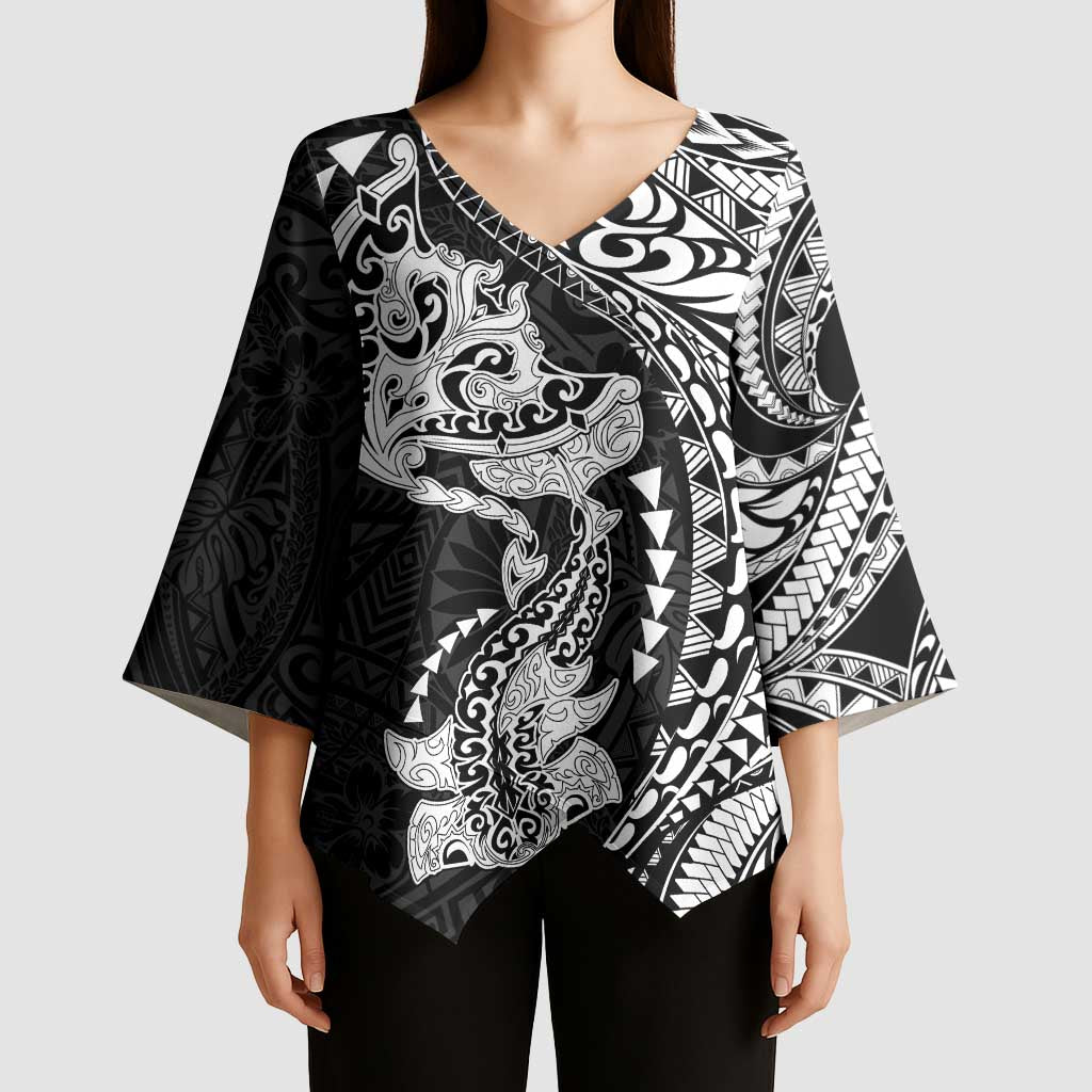 Hawaiian Manta Ray and Hammerhead Shark Tribal Tattoo Kimono Sleeve Blouse with Polynesian Tribal Pattern Black-White Color