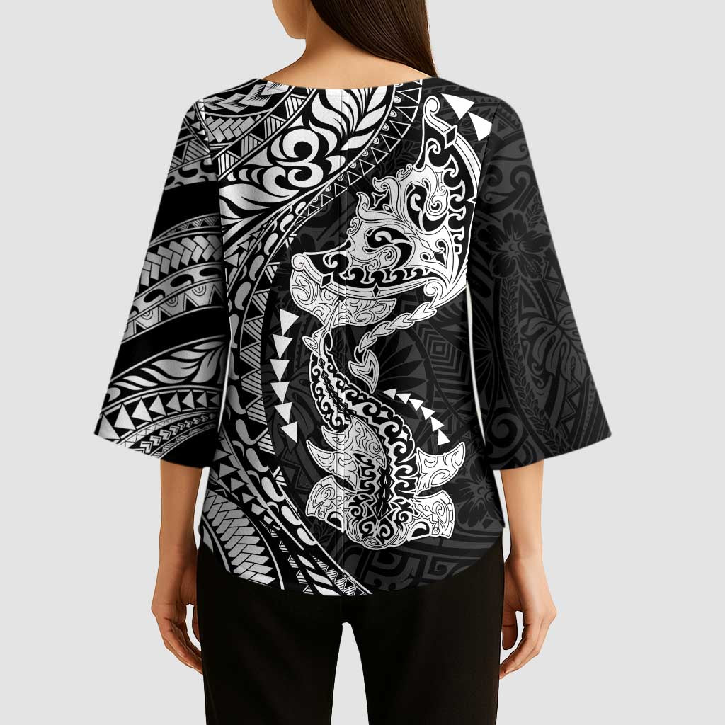 Hawaiian Manta Ray and Hammerhead Shark Tribal Tattoo Kimono Sleeve Blouse with Polynesian Tribal Pattern Black-White Color