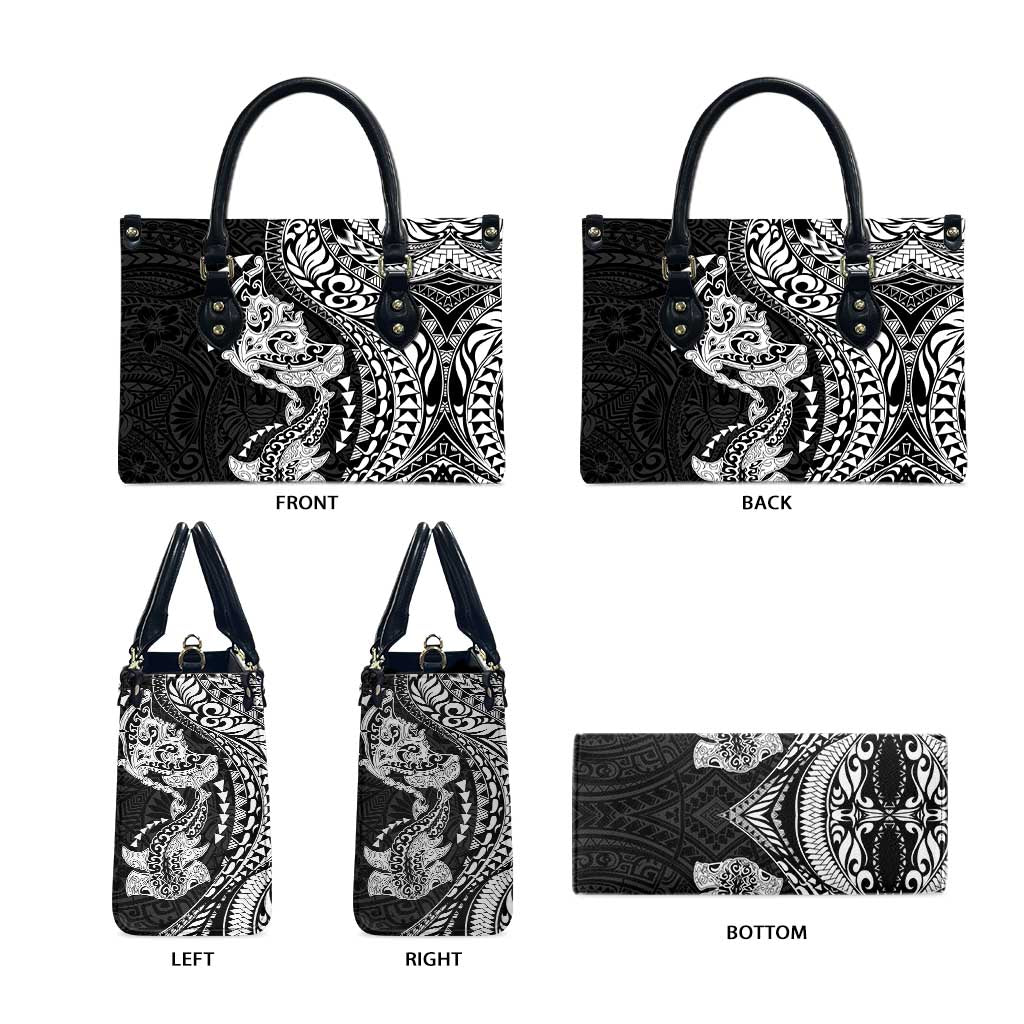 Hawaiian Manta Ray and Hammerhead Shark Tribal Tattoo Leather Bag with Polynesian Tribal Pattern Black-White Color LT03 - Polynesian Pride