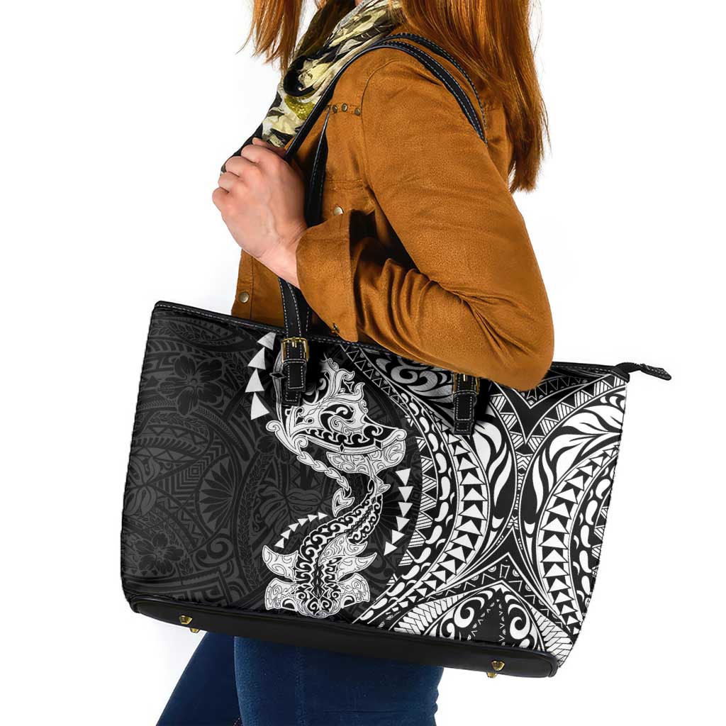 Hawaiian Manta Ray and Hammerhead Shark Tribal Tattoo Leather Tote Bag with Polynesian Tribal Pattern Black-White Color