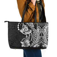Hawaiian Manta Ray and Hammerhead Shark Tribal Tattoo Leather Tote Bag with Polynesian Tribal Pattern Black-White Color