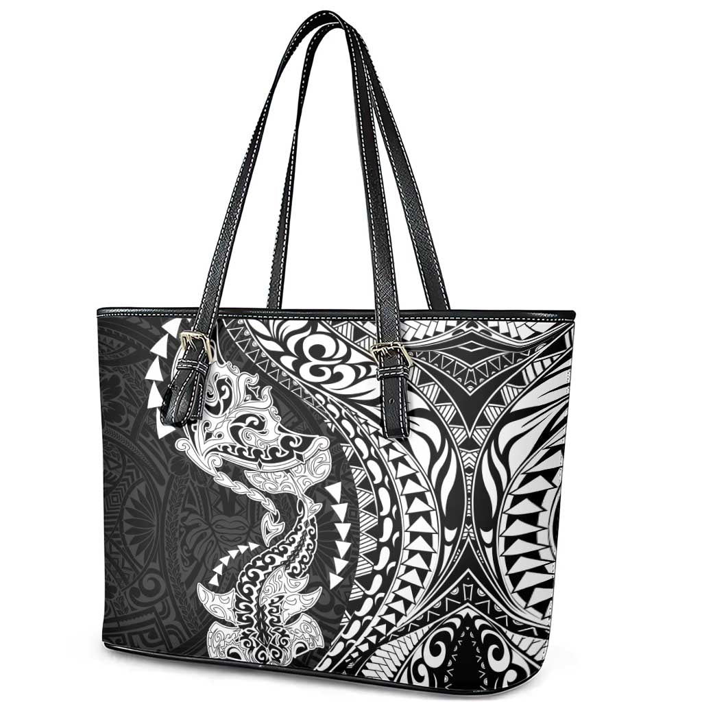 Hawaiian Manta Ray and Hammerhead Shark Tribal Tattoo Leather Tote Bag with Polynesian Tribal Pattern Black-White Color