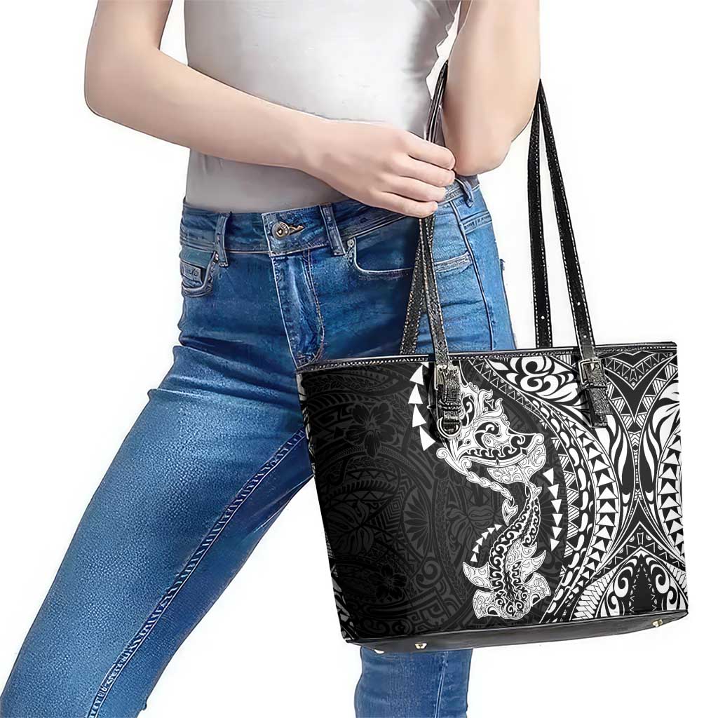 Hawaiian Manta Ray and Hammerhead Shark Tribal Tattoo Leather Tote Bag with Polynesian Tribal Pattern Black-White Color