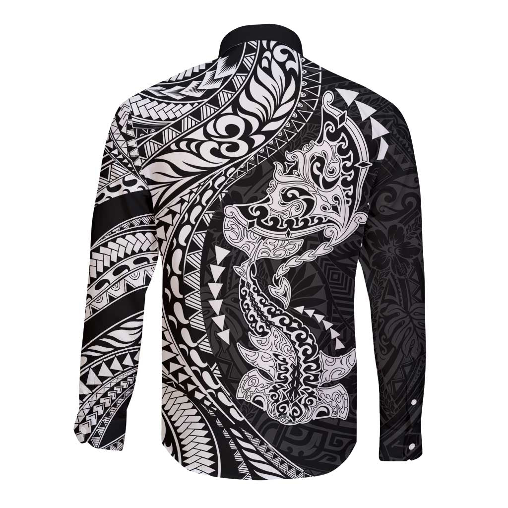 Hawaiian Manta Ray and Hammerhead Shark Tribal Tattoo Long Sleeve Button Shirt with Polynesian Tribal Pattern Black-White Color
