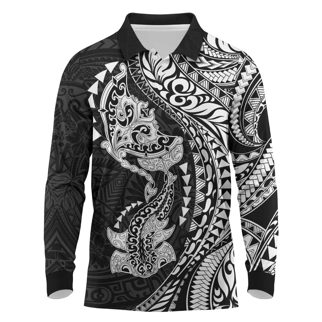 Hawaiian Manta Ray and Hammerhead Shark Tribal Tattoo Long Sleeve Polo Shirt with Polynesian Tribal Pattern Black-White Color LT03 Multicolor - Polynesian Pride