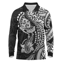 Hawaiian Manta Ray and Hammerhead Shark Tribal Tattoo Long Sleeve Polo Shirt with Polynesian Tribal Pattern Black-White Color
