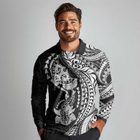 Hawaiian Manta Ray and Hammerhead Shark Tribal Tattoo Long Sleeve Polo Shirt with Polynesian Tribal Pattern Black-White Color