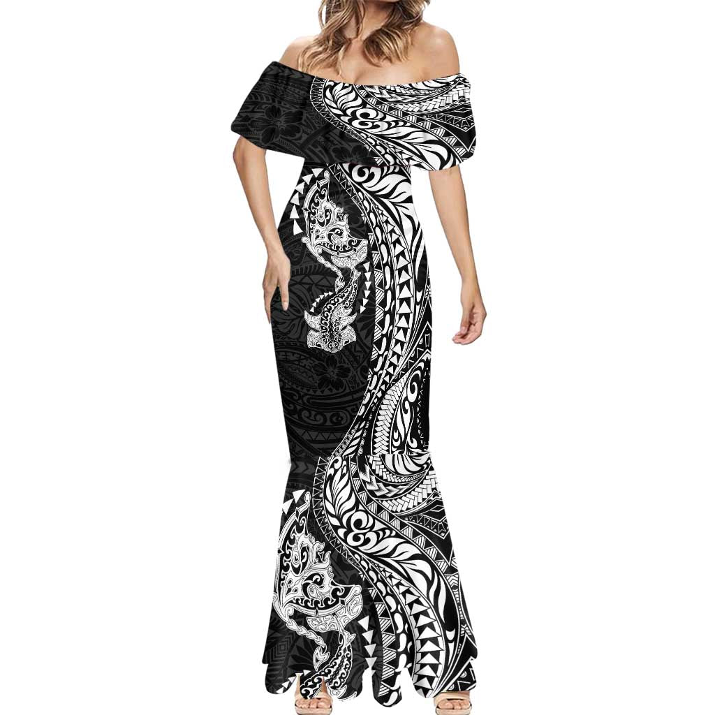Hawaiian Manta Ray and Hammerhead Shark Tribal Tattoo Mermaid Dress with Polynesian Tribal Pattern Black-White Color