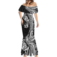 Hawaiian Manta Ray and Hammerhead Shark Tribal Tattoo Mermaid Dress with Polynesian Tribal Pattern Black-White Color