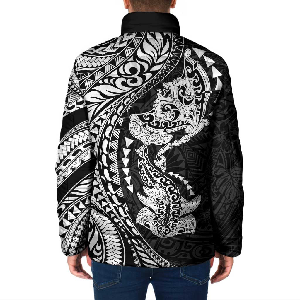 Hawaiian Manta Ray and Hammerhead Shark Tribal Tattoo Padded Jacket with Polynesian Tribal Pattern Black-White Color LT03 - Polynesian Pride