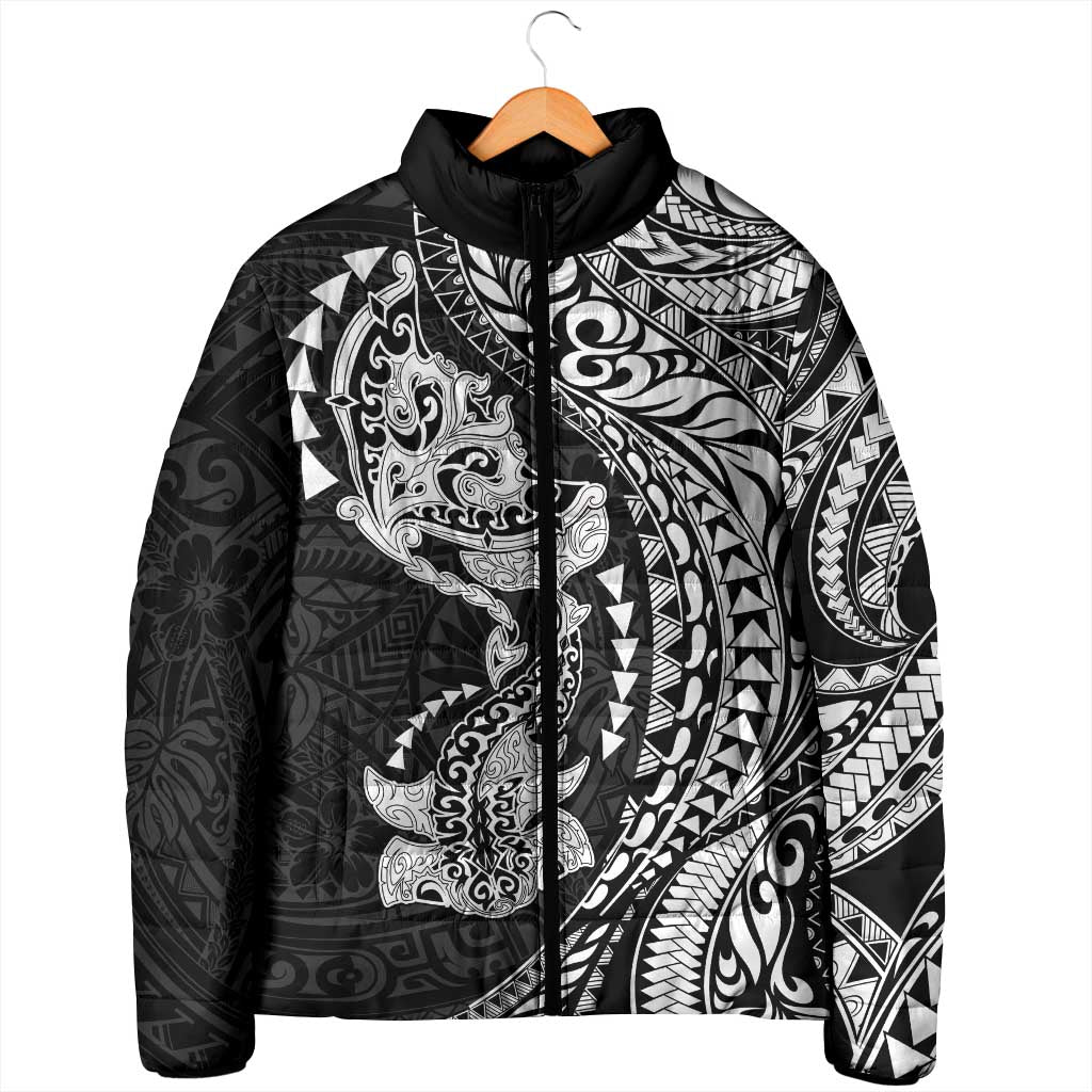 Hawaiian Manta Ray and Hammerhead Shark Tribal Tattoo Padded Jacket with Polynesian Tribal Pattern Black-White Color LT03 - Polynesian Pride