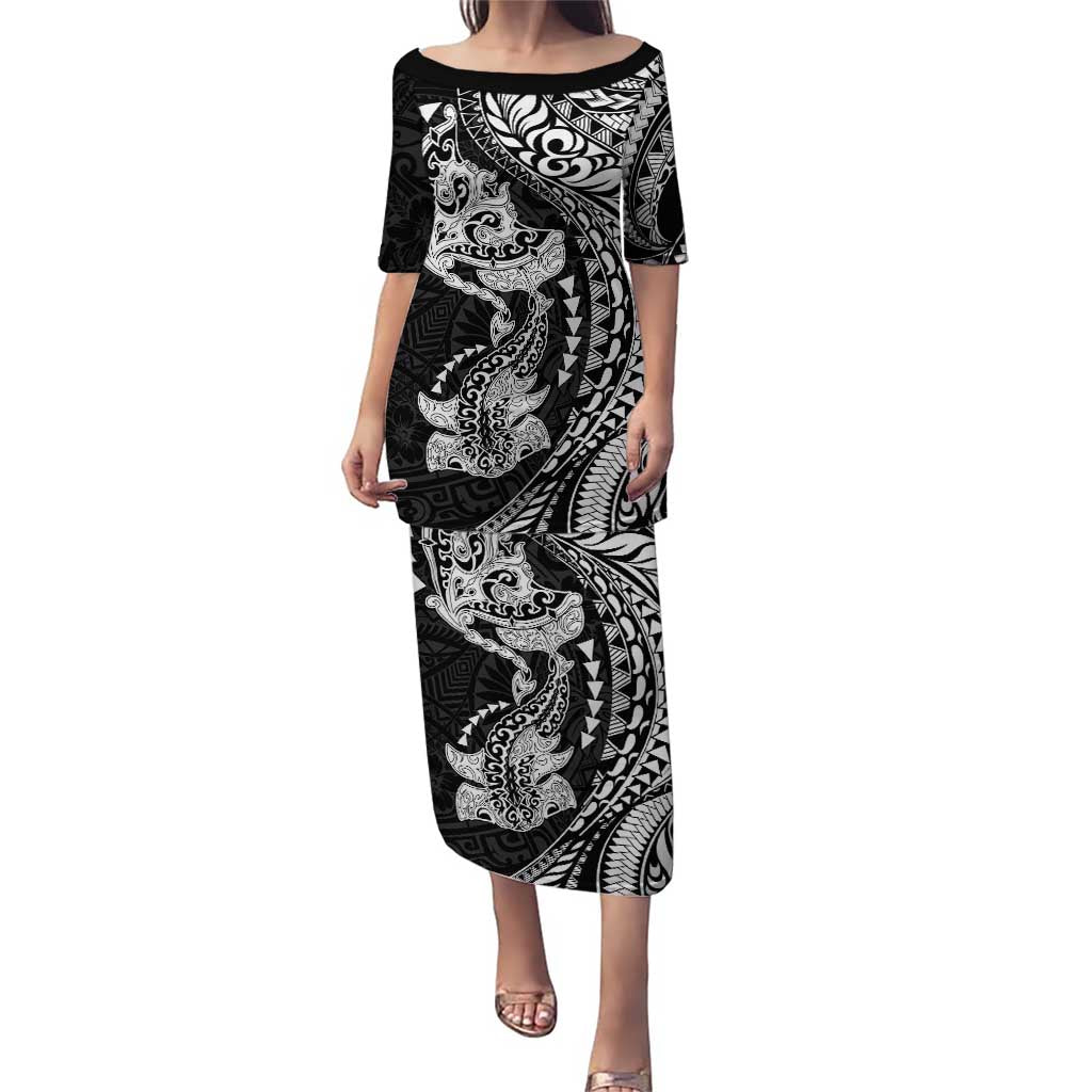 Hawaiian Manta Ray and Hammerhead Shark Tribal Tattoo Puletasi with Polynesian Tribal Pattern Black-White Color LT03 Long Dress Multicolor - Polynesian Pride