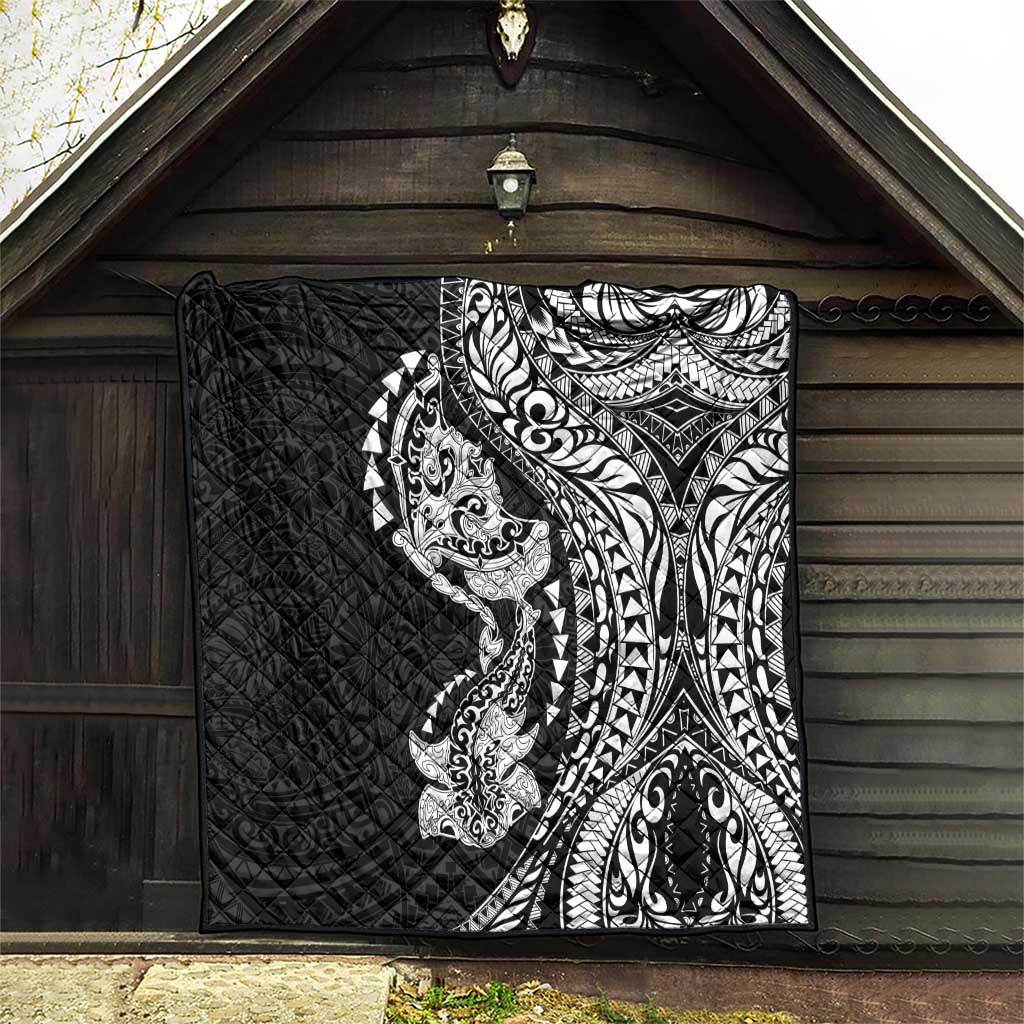 Hawaiian Manta Ray and Hammerhead Shark Tribal Tattoo Quilt with Polynesian Tribal Pattern Black-White Color