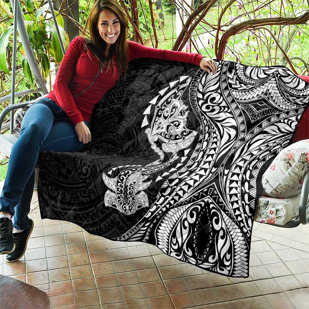 Hawaiian Manta Ray and Hammerhead Shark Tribal Tattoo Quilt with Polynesian Tribal Pattern Black-White Color