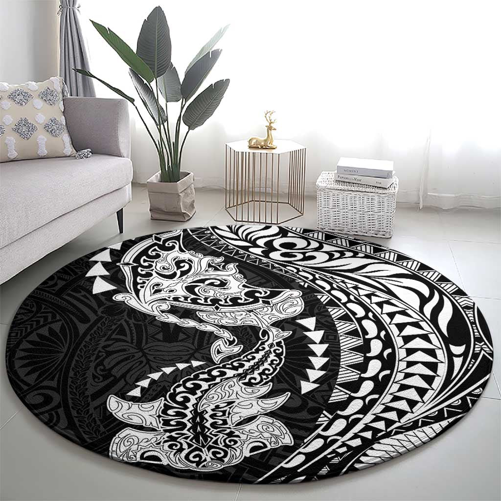 Hawaiian Manta Ray and Hammerhead Shark Tribal Tattoo Round Carpet with Polynesian Tribal Pattern Black-White Color LT03 - Polynesian Pride