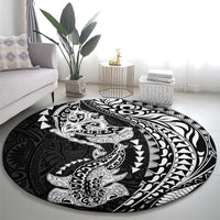 Hawaiian Manta Ray and Hammerhead Shark Tribal Tattoo Round Carpet with Polynesian Tribal Pattern Black-White Color LT03 - Polynesian Pride