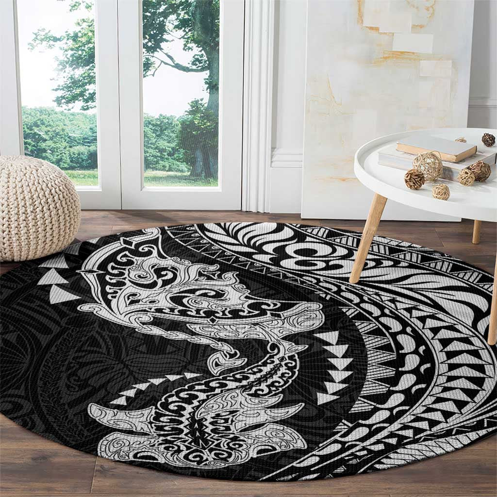Hawaiian Manta Ray and Hammerhead Shark Tribal Tattoo Round Carpet with Polynesian Tribal Pattern Black-White Color LT03 - Polynesian Pride