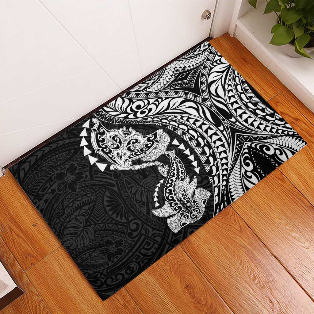 Hawaiian Manta Ray and Hammerhead Shark Tribal Tattoo Rubber Doormat with Polynesian Tribal Pattern Black-White Color LT03 - Polynesian Pride