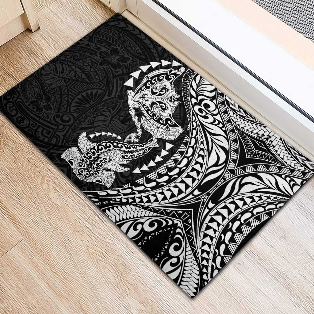 Hawaiian Manta Ray and Hammerhead Shark Tribal Tattoo Rubber Doormat with Polynesian Tribal Pattern Black-White Color LT03 - Polynesian Pride
