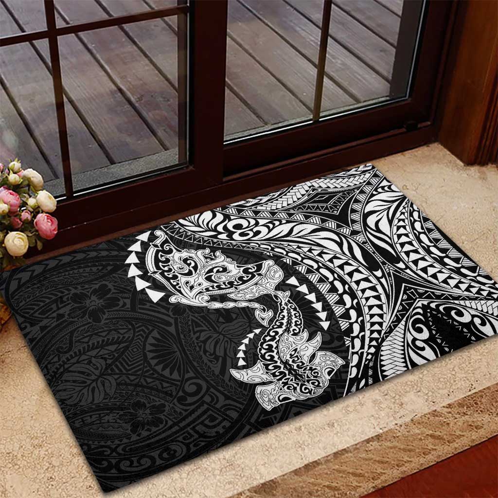 Hawaiian Manta Ray and Hammerhead Shark Tribal Tattoo Rubber Doormat with Polynesian Tribal Pattern Black-White Color LT03 - Polynesian Pride