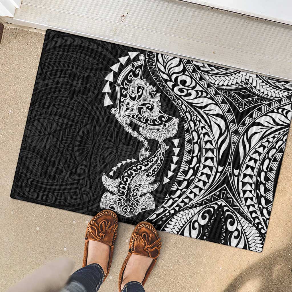 Hawaiian Manta Ray and Hammerhead Shark Tribal Tattoo Rubber Doormat with Polynesian Tribal Pattern Black-White Color LT03 - Polynesian Pride