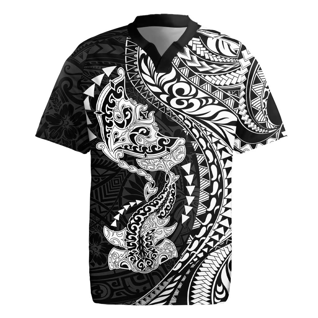 Hawaiian Manta Ray and Hammerhead Shark Tribal Tattoo Rugby Jersey with Polynesian Tribal Pattern Black-White Color LT03 Multicolor - Polynesian Pride