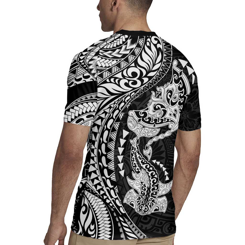 Hawaiian Manta Ray and Hammerhead Shark Tribal Tattoo Rugby Jersey with Polynesian Tribal Pattern Black-White Color LT03 - Polynesian Pride