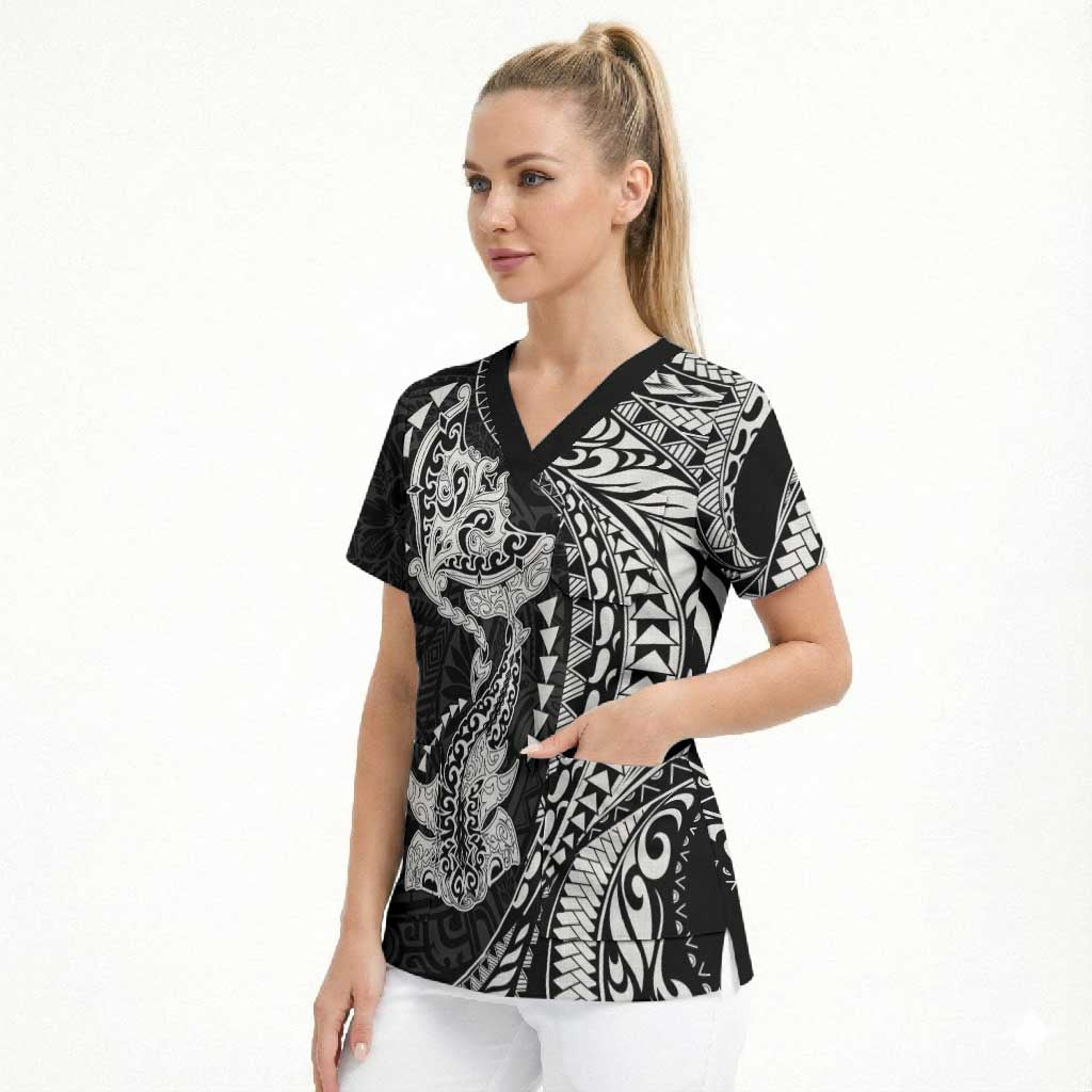 Hawaiian Manta Ray and Hammerhead Shark Tribal Tattoo Scrub Top with Polynesian Tribal Pattern Black-White Color LT03 - Polynesian Pride