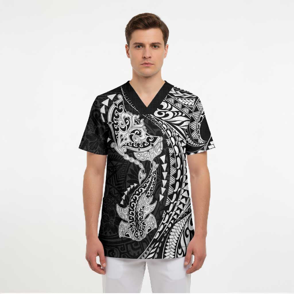Hawaiian Manta Ray and Hammerhead Shark Tribal Tattoo Scrub Top with Polynesian Tribal Pattern Black-White Color LT03 - Polynesian Pride