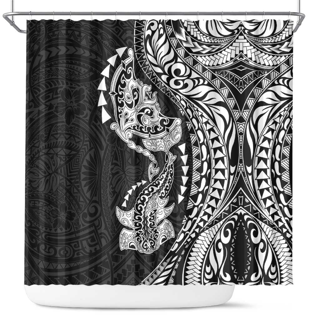 Hawaiian Manta Ray and Hammerhead Shark Tribal Tattoo Shower Curtain with Polynesian Tribal Pattern Black-White Color LT03 Multicolor - Polynesian Pride