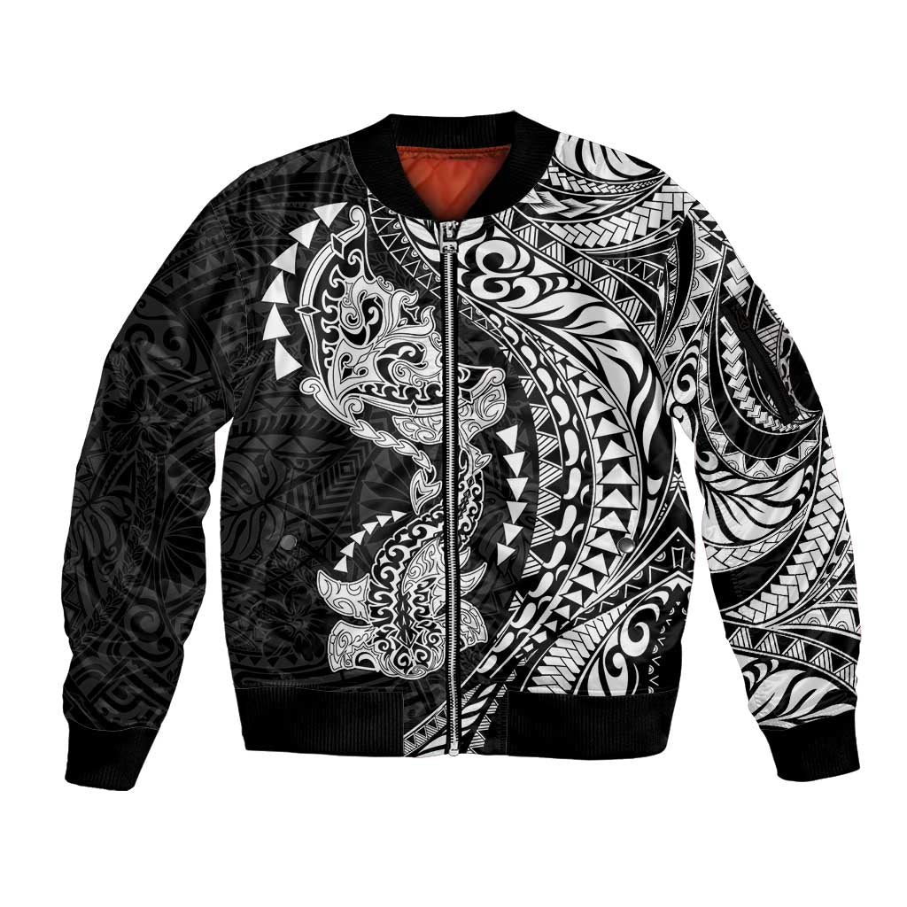 Hawaiian Manta Ray and Hammerhead Shark Tribal Tattoo Sleeve Zip Bomber Jacket with Polynesian Tribal Pattern Black-White Color LT03 Unisex Multicolor - Polynesian Pride