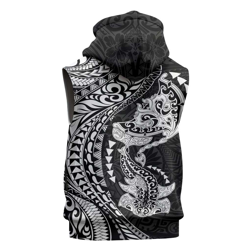 Hawaiian Manta Ray and Hammerhead Shark Tribal Tattoo Sleeveless Hoodie with Polynesian Tribal Pattern Black-White Color