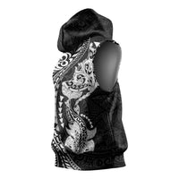 Hawaiian Manta Ray and Hammerhead Shark Tribal Tattoo Sleeveless Hoodie with Polynesian Tribal Pattern Black-White Color