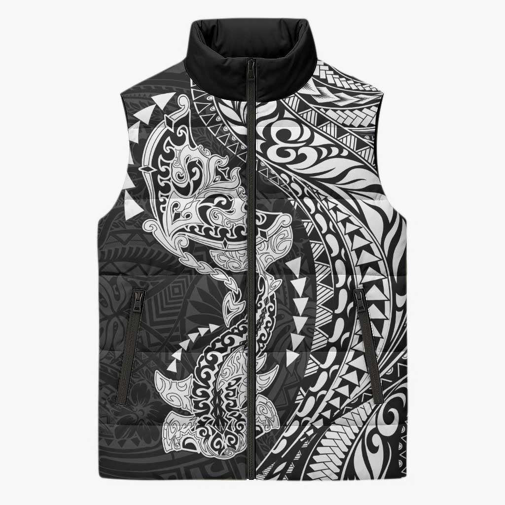 Hawaiian Manta Ray and Hammerhead Shark Tribal Tattoo Sleeveless Puffer Jacket with Polynesian Tribal Pattern Black-White Color LT03 Unisex Multicolor - Polynesian Pride