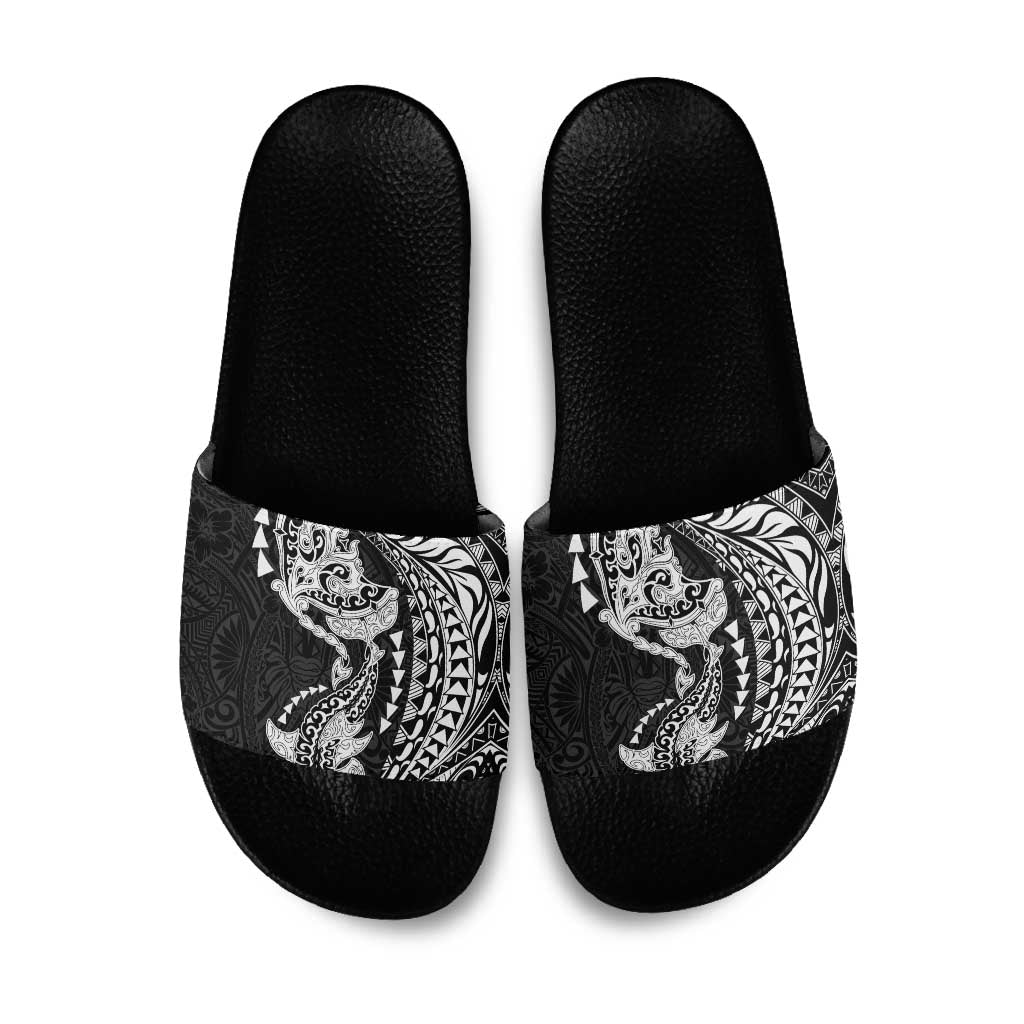 Hawaiian Manta Ray and Hammerhead Shark Tribal Tattoo Slide Sandals with Polynesian Tribal Pattern Black-White Color LT03 Multicolor - Polynesian Pride
