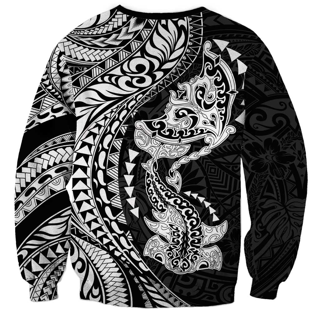 Hawaiian Manta Ray and Hammerhead Shark Tribal Tattoo Sweatshirt with Polynesian Tribal Pattern Black-White Color LT03 - Polynesian Pride