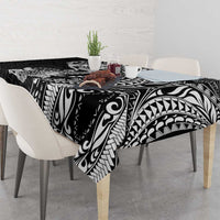 Hawaiian Manta Ray and Hammerhead Shark Tribal Tattoo Tablecloth with Polynesian Tribal Pattern Black-White Color