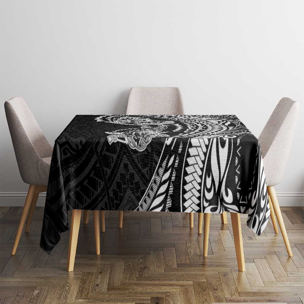 Hawaiian Manta Ray and Hammerhead Shark Tribal Tattoo Tablecloth with Polynesian Tribal Pattern Black-White Color