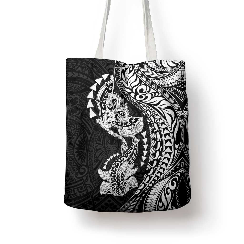 Hawaiian Manta Ray and Hammerhead Shark Tribal Tattoo Tote Bag with Polynesian Tribal Pattern Black-White Color LT03 - Polynesian Pride
