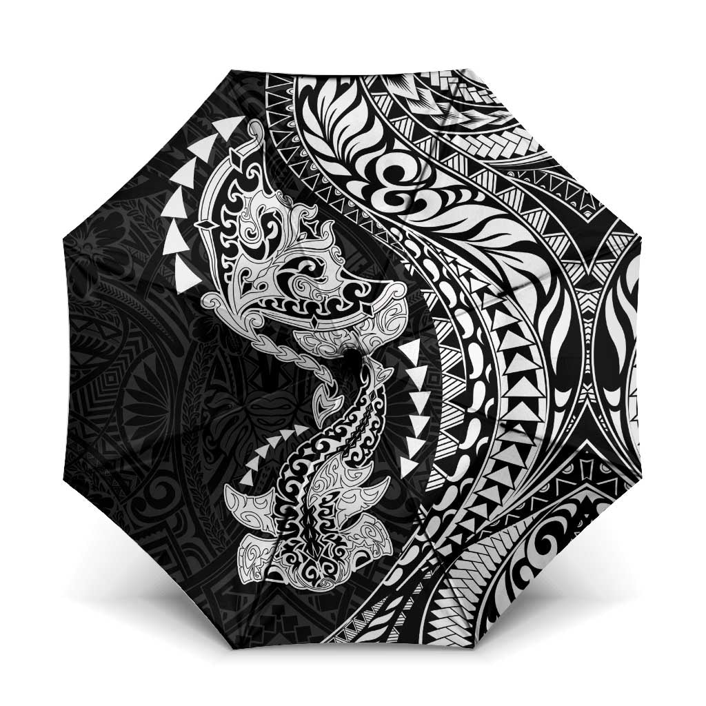 Hawaiian Manta Ray and Hammerhead Shark Tribal Tattoo Umbrella with Polynesian Tribal Pattern Black-White Color