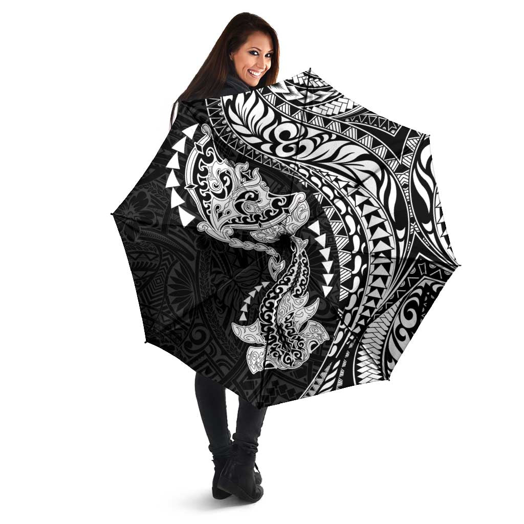 Hawaiian Manta Ray and Hammerhead Shark Tribal Tattoo Umbrella with Polynesian Tribal Pattern Black-White Color