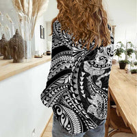 Hawaiian Manta Ray and Hammerhead Shark Tribal Tattoo Women Casual Shirt with Polynesian Tribal Pattern Black-White Color