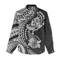 Hawaiian Manta Ray and Hammerhead Shark Tribal Tattoo Women Casual Shirt with Polynesian Tribal Pattern Black-White Color