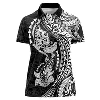 Hawaiian Manta Ray and Hammerhead Shark Tribal Tattoo Women Polo Shirt with Polynesian Tribal Pattern Black-White Color